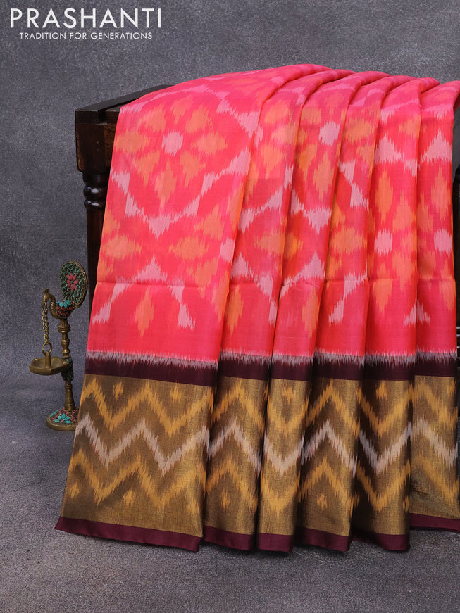 Ikat silk cotton saree candy pink and deep coffee brown with allover ikat weaves and long ikat woven border
