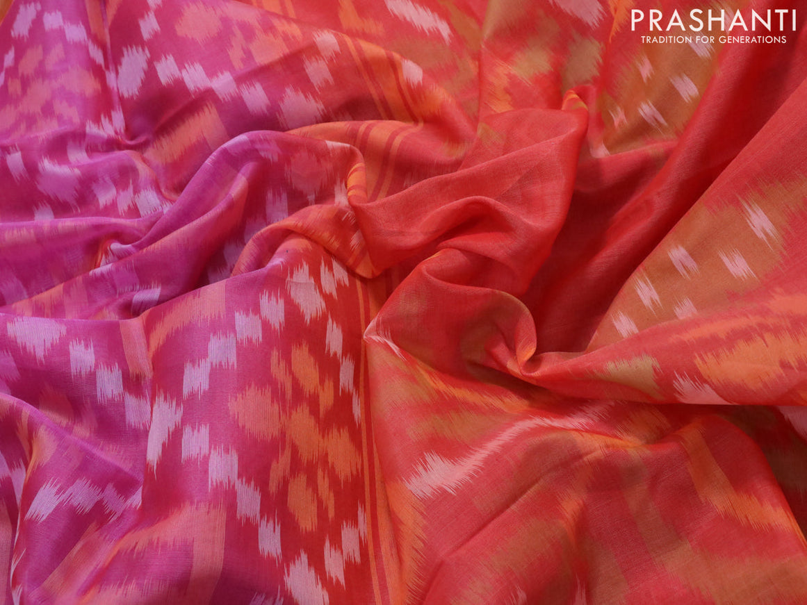 Ikat silk cotton saree pink shade and peach orange with allover ikat weaves and zari woven border