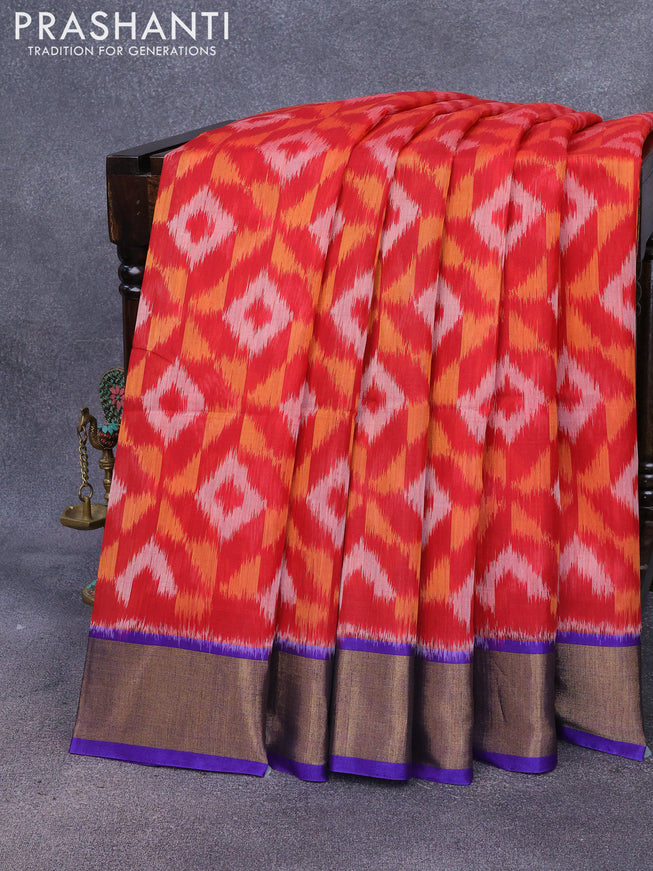 Ikat silk cotton saree red and blue with allover ikat weaves and zari woven border