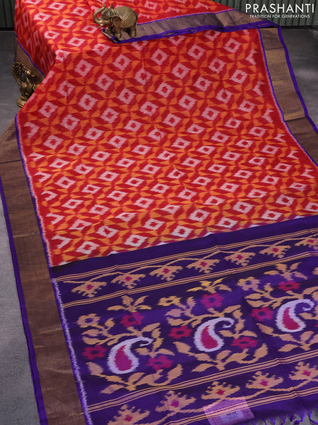 Ikat silk cotton saree red and blue with allover ikat weaves and zari woven border