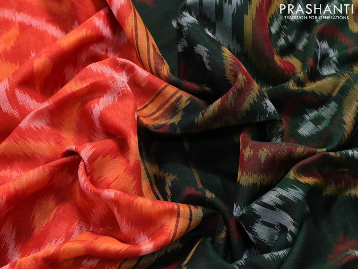 Ikat silk cotton saree orange and dark green with allover ikat weaves and zari woven border