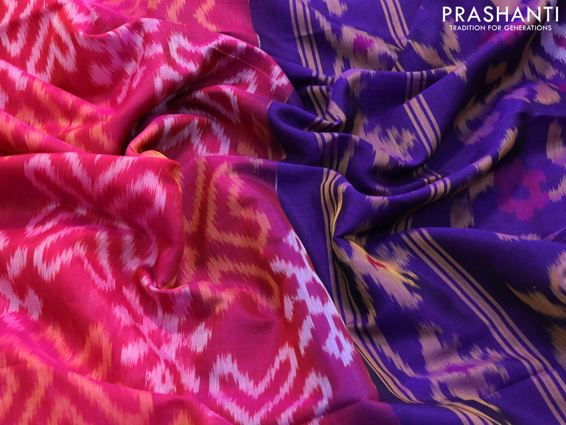 Ikat silk cotton saree pink and blue with allover ikat weaves and zari woven border