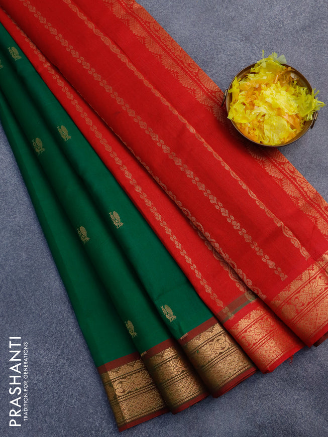 Silk cotton saree green and red with annam zari woven buttas and zari woven border