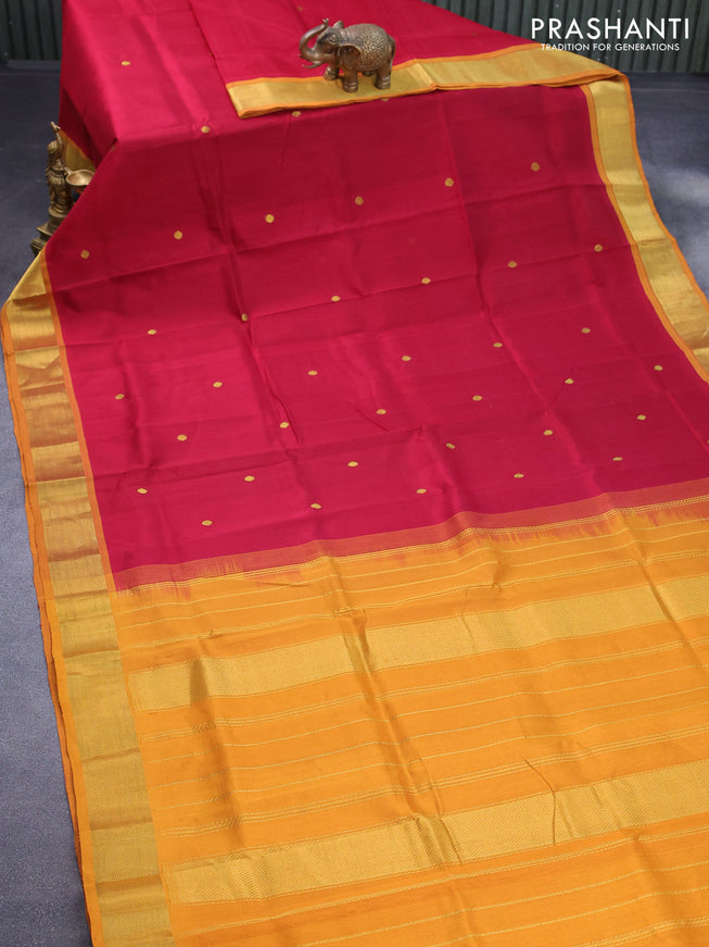 Silk cotton saree kumkum red and mustard yellow with rudhraksha zari woven buttas and zari woven border
