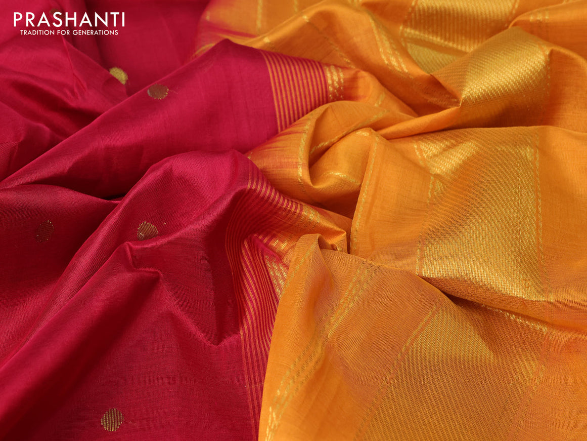 Silk cotton saree kumkum red and mustard yellow with rudhraksha zari woven buttas and zari woven border
