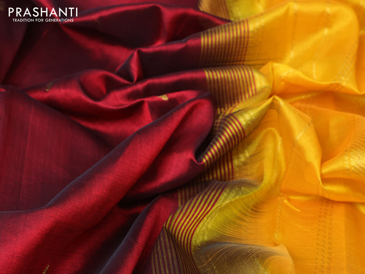 Silk cotton saree maroon and mango yellow with zari woven buttas and zari woven border