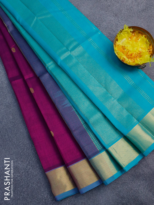 Silk cotton saree purple and teal blue with rudhraksha zari woven buttas and zari woven border