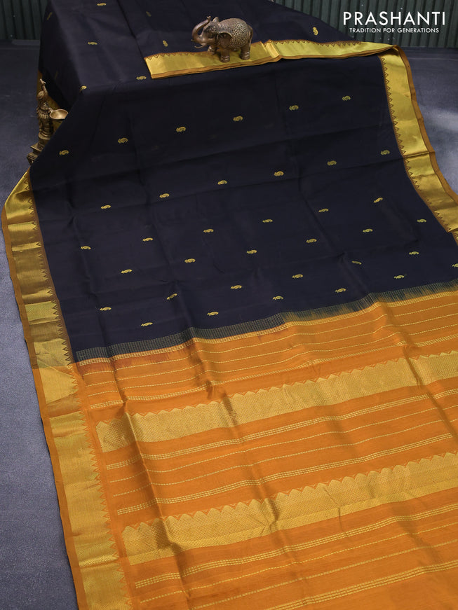 Silk cotton saree black and dark mustard with paisley zari woven buttas and zari woven border