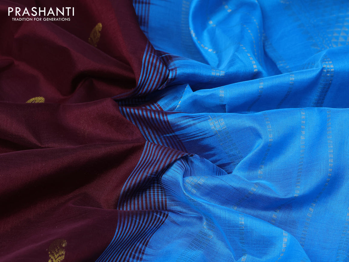 Silk cotton saree coffee brown and cs blue with zari woven buttas and zari woven border
