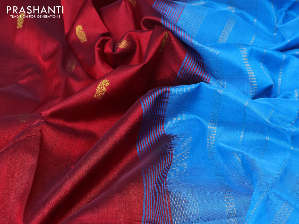 Silk cotton saree maroon and cs blue with zari woven buttas and zari woven border
