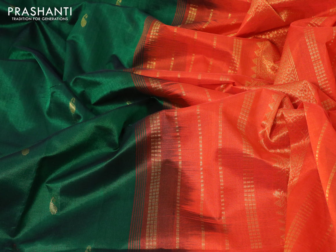 Silk cotton saree green and orange with paisley zari woven buttas and zari woven border