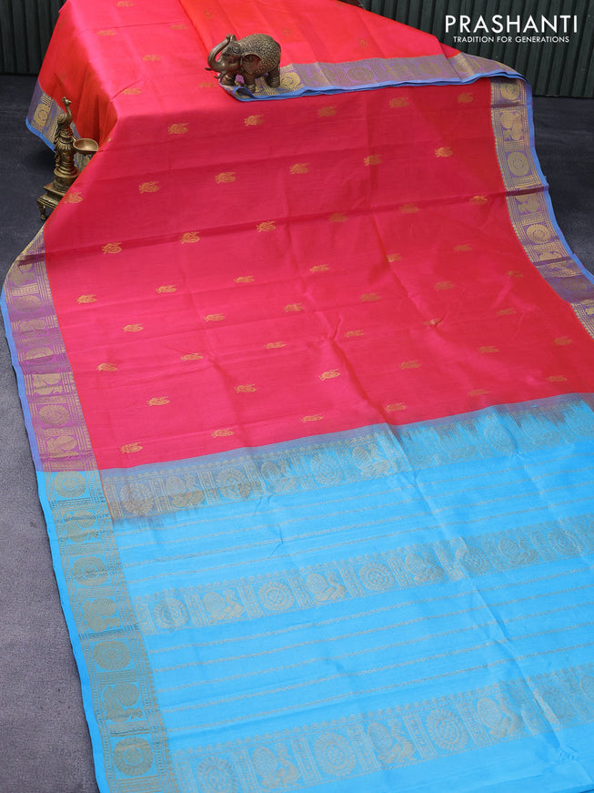Silk cotton saree dual shade of pink and light blue with annam zari woven buttas and annam & rudhraksha zari woven border
