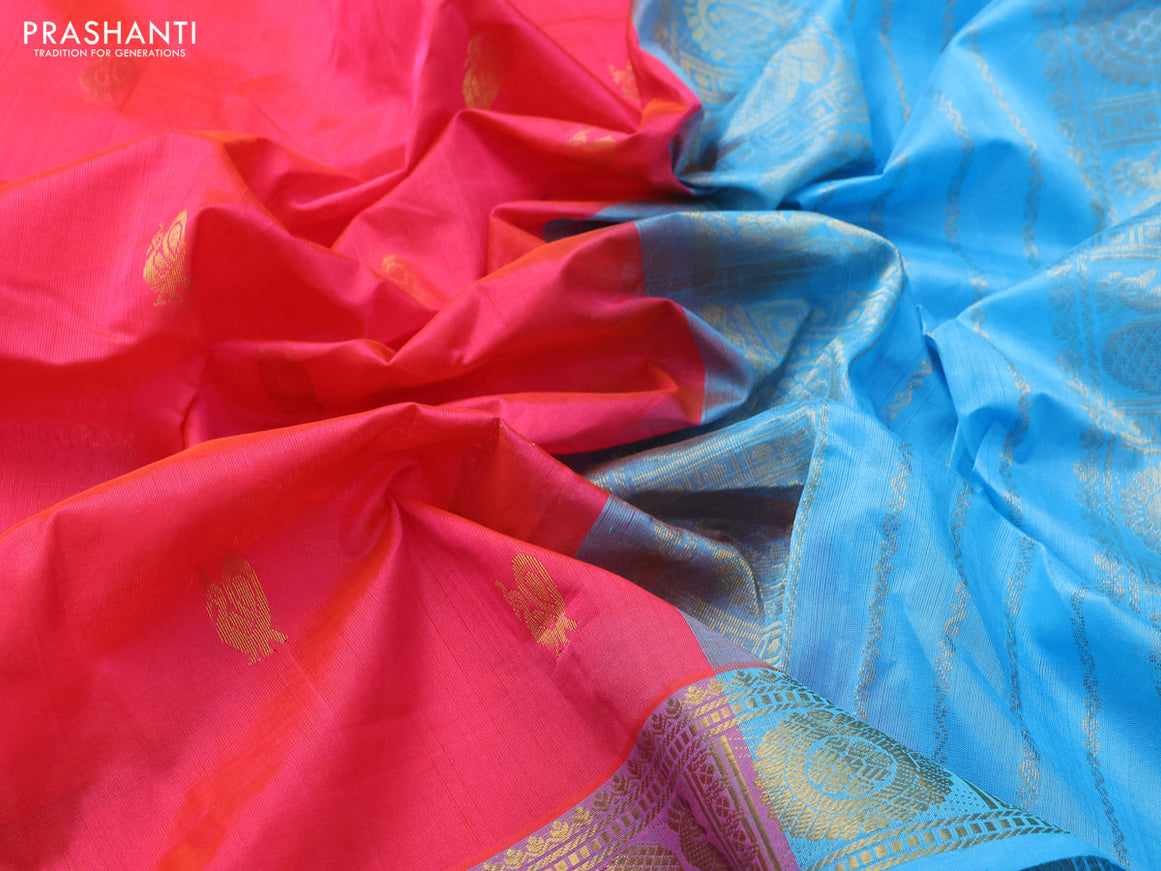 Silk cotton saree dual shade of pink and light blue with annam zari woven buttas and annam & rudhraksha zari woven border