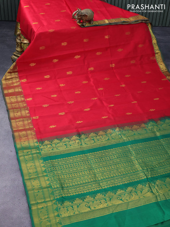 Silk cotton saree red and green with zari woven buttas and zari woven border