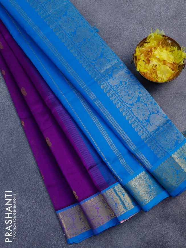Silk cotton saree purple and cs blue with zari woven buttas and annam zari woven border