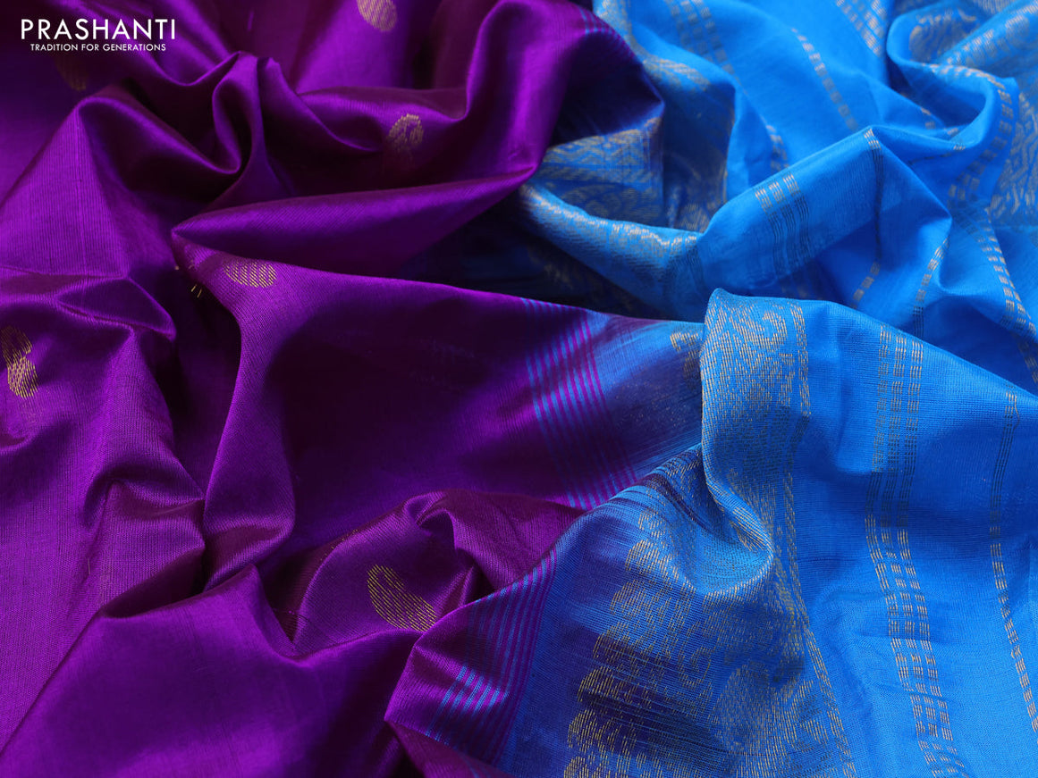 Silk cotton saree purple and cs blue with zari woven buttas and annam zari woven border