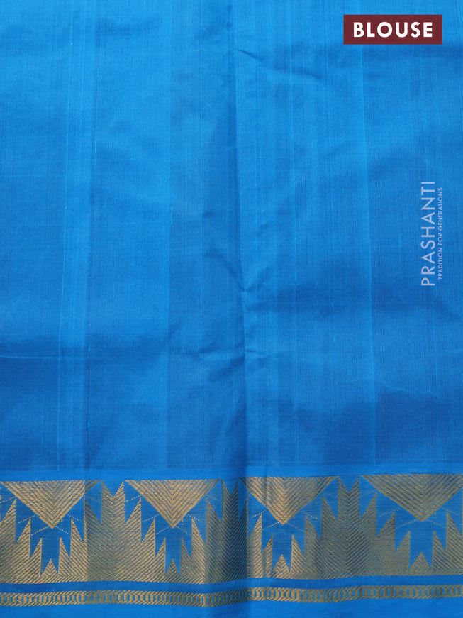 Silk cotton saree maroon and cs blue with zari woven buttas and temple zari woven border