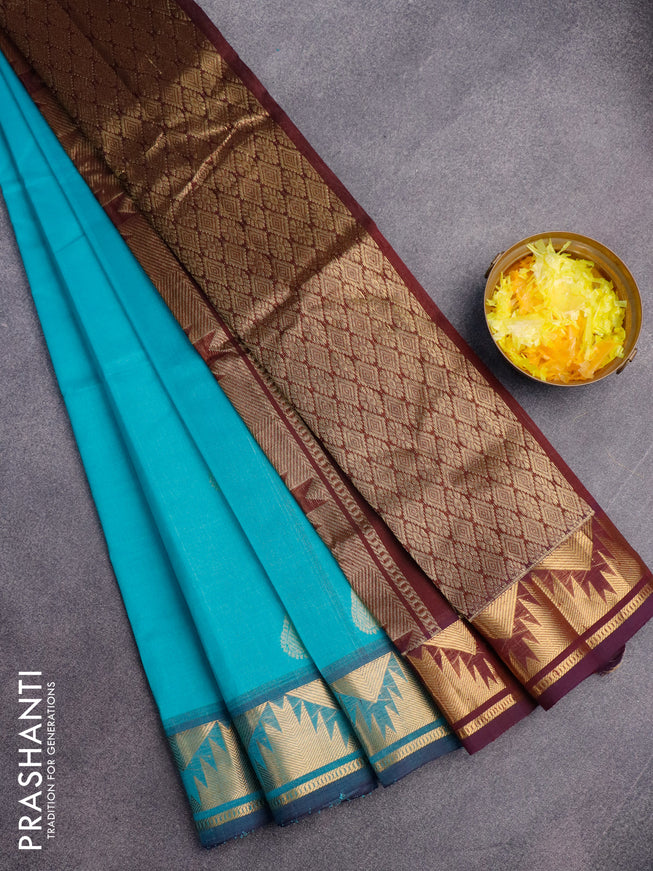 Silk cotton saree teal blue and brown with zari woven buttas and temple zari woven border
