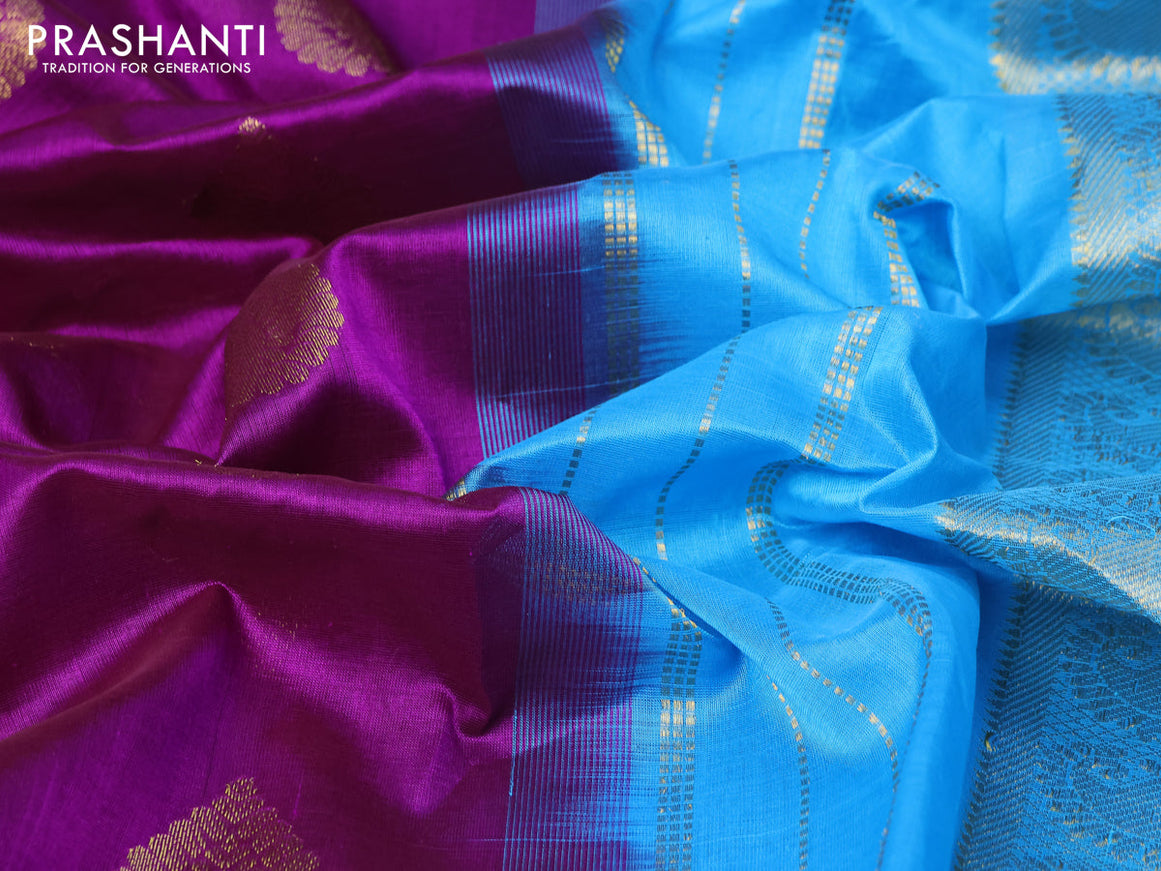 Silk cotton saree purple and blue with zari woven buttas and paisley zari woven border