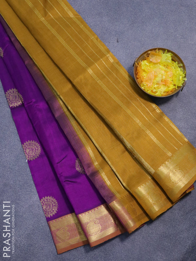 Silk cotton saree purple and mustard yellow with zari woven buttas and paisley zari woven border