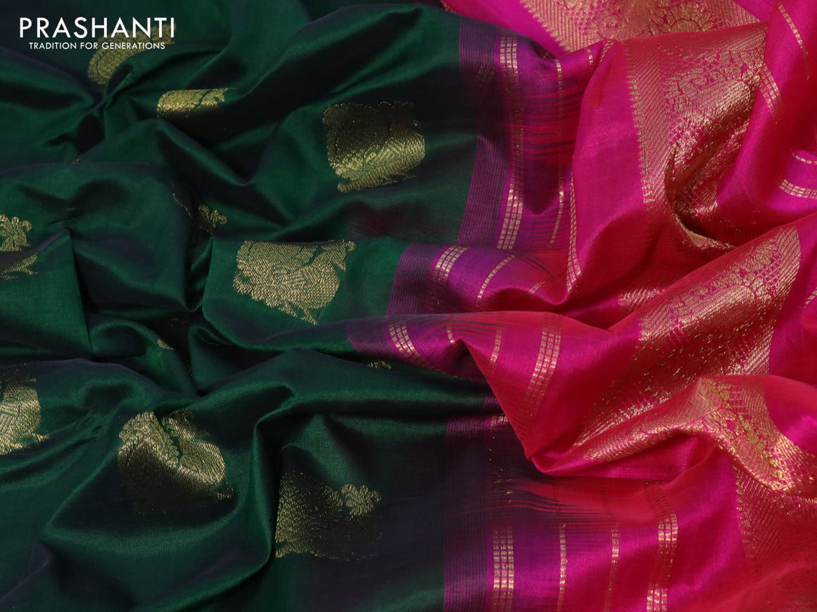Silk cotton saree dark green and pink with annam zari woven buttas and paisley zari woven border