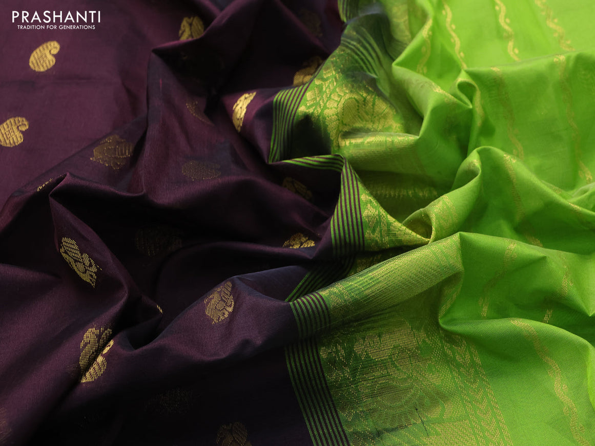 Silk cotton saree coffee brown and light green with annam & paisley zari woven buttas and temple & annamzari woven border