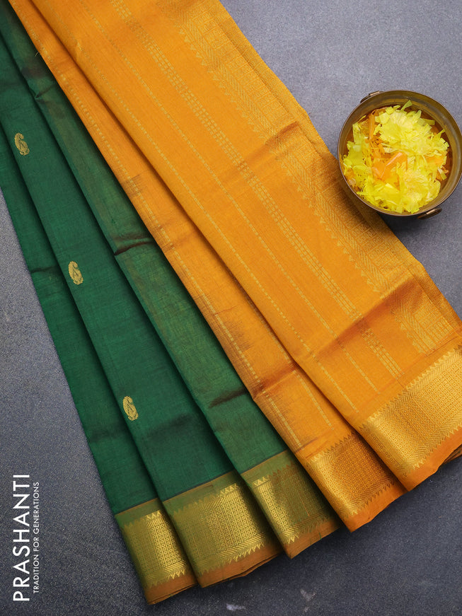 Silk cotton saree green and mustard yellow with paisley zari woven buttas and zari woven border