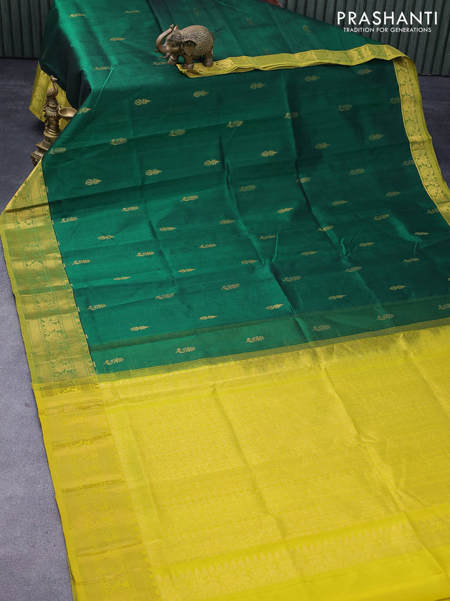 Silk cotton saree green and mustard yellow with zari woven buttas and annam zari woven border
