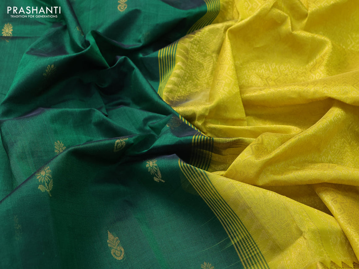 Silk cotton saree green and mustard yellow with zari woven buttas and annam zari woven border