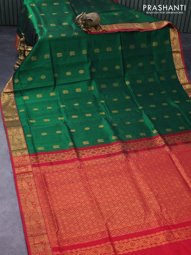 Silk cotton saree green and red with paisley & rudhraksha zari woven buttas and annam zari woven border