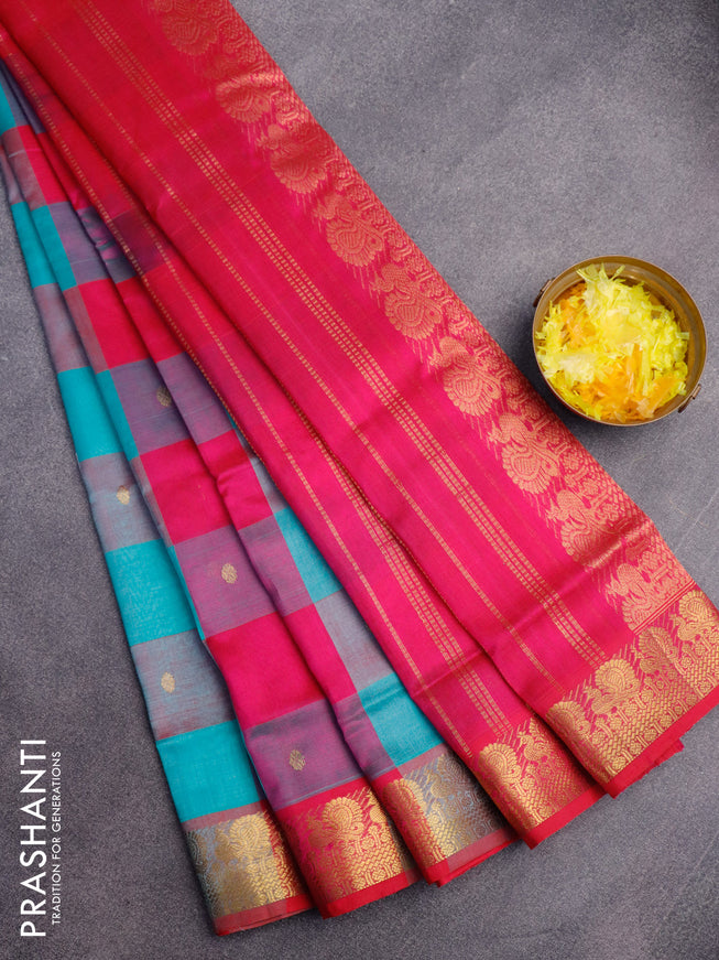 Silk cotton saree teal blue and pink with allover paalum pazhamum checks & rudhraksha zari buttas and annam zari woven border
