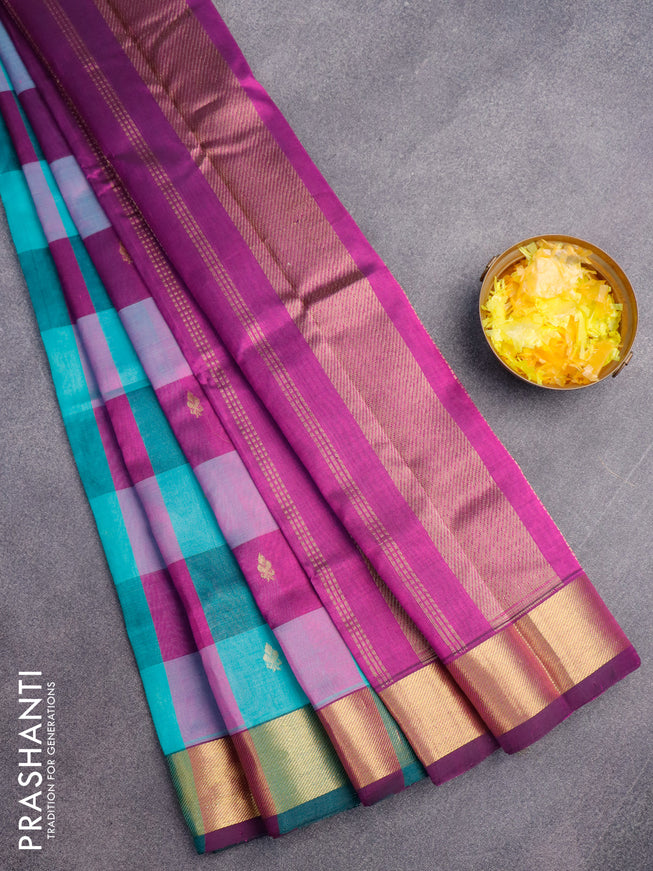 Silk cotton saree teal blue and purple with allover paalum pazhamum checked pattern & zari buttas and zari woven border