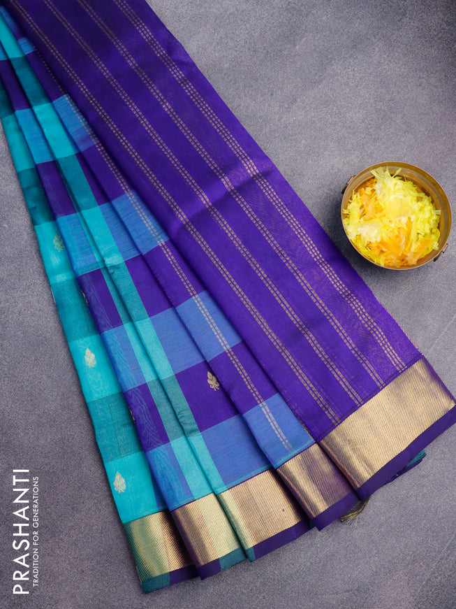 Silk cotton saree teal blue and blue with allover paalum pazhamum checked pattern & zari buttas and zari woven border