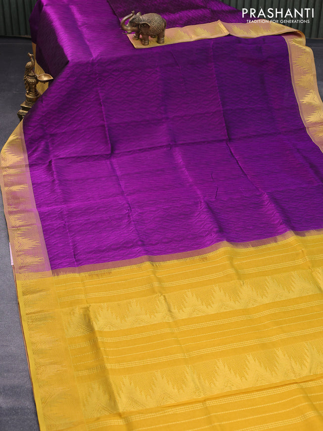 Silk cotton saree purple and mustard yellow with allover self emboss jacquard and temple design zari woven border