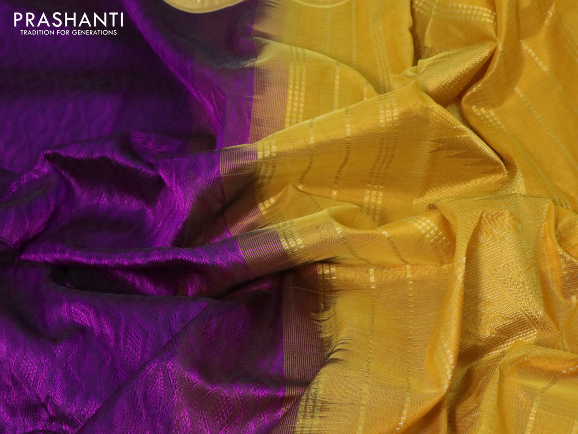 Silk cotton saree purple and mustard yellow with allover self emboss jacquard and temple design zari woven border