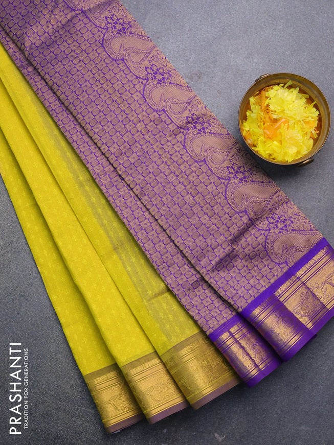 Silk cotton saree yellow and blue with allover self emboss jacquard & zari buttas and zari woven border