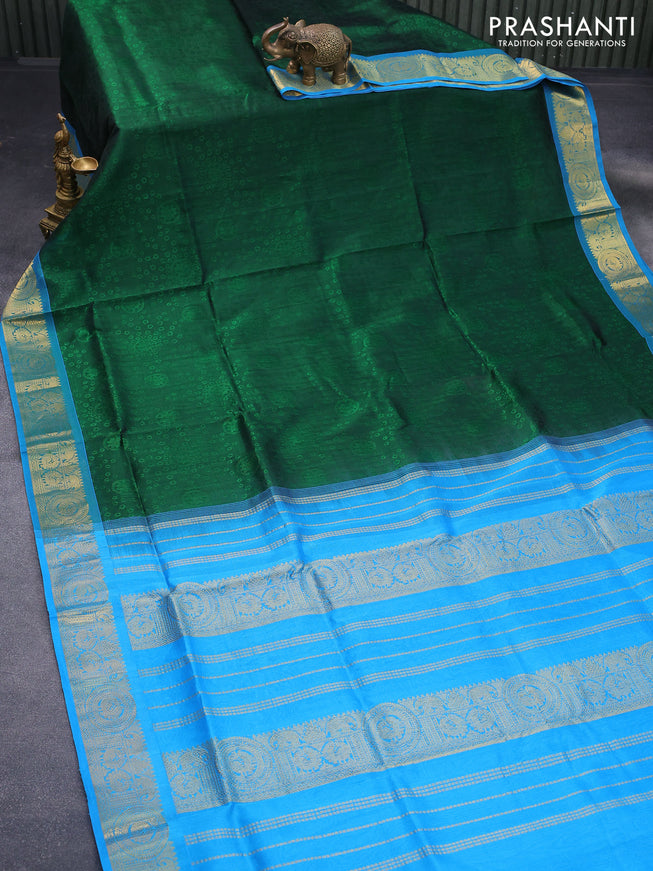 Silk cotton saree green and light blue with allover self emboss jacquard and zari woven border
