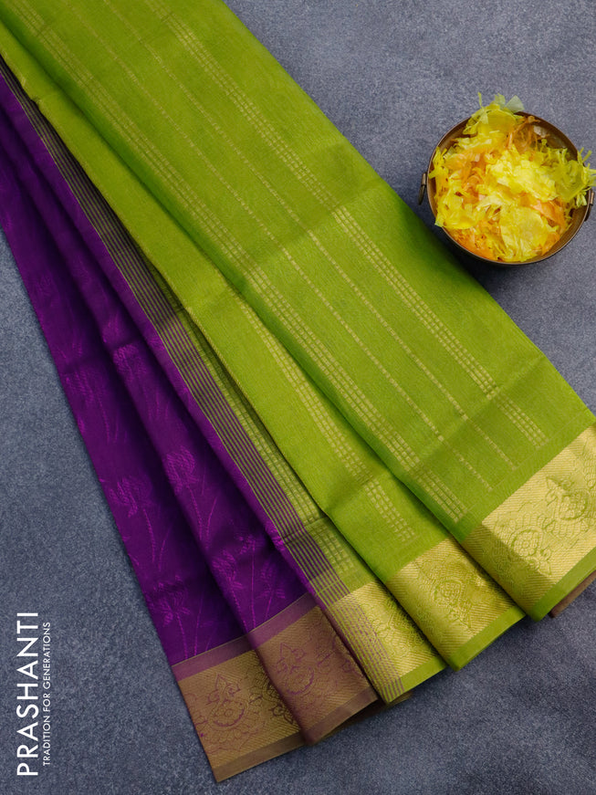 Silk cotton saree purple and light green with allover self emboss jacquard and zari woven border