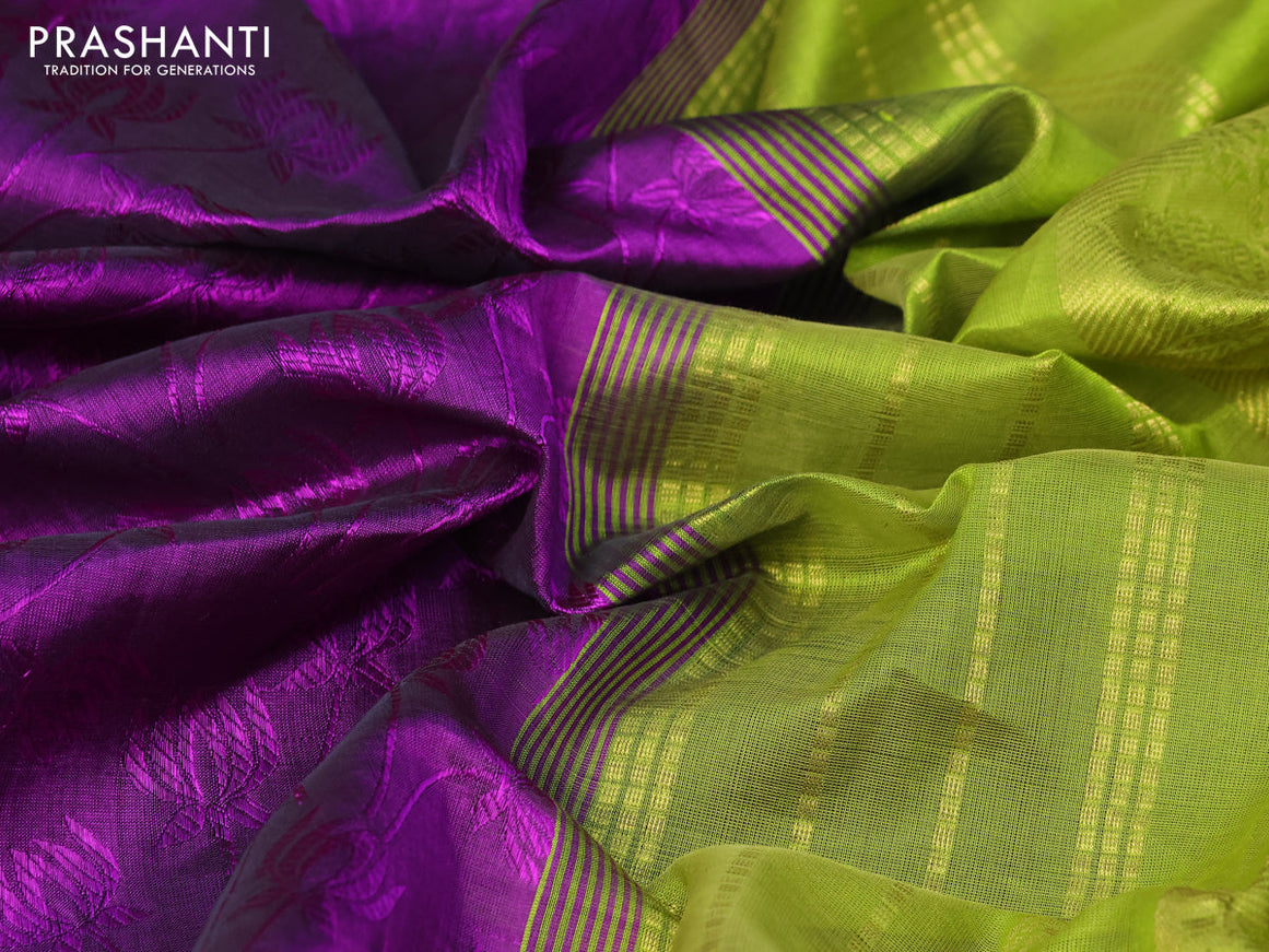 Silk cotton saree purple and light green with allover self emboss jacquard and zari woven border