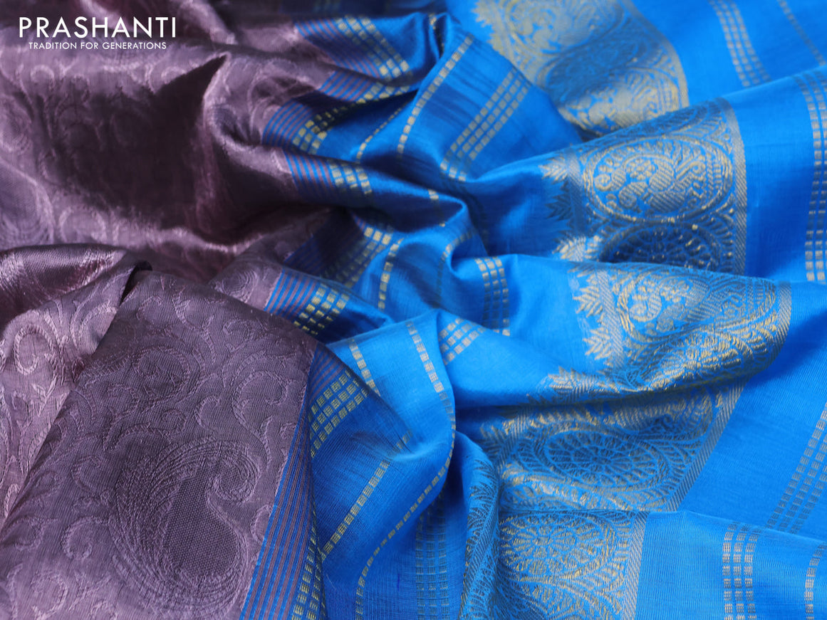 Silk cotton saree pastel purple and light blue with allover self emboss jacquard and zari woven border