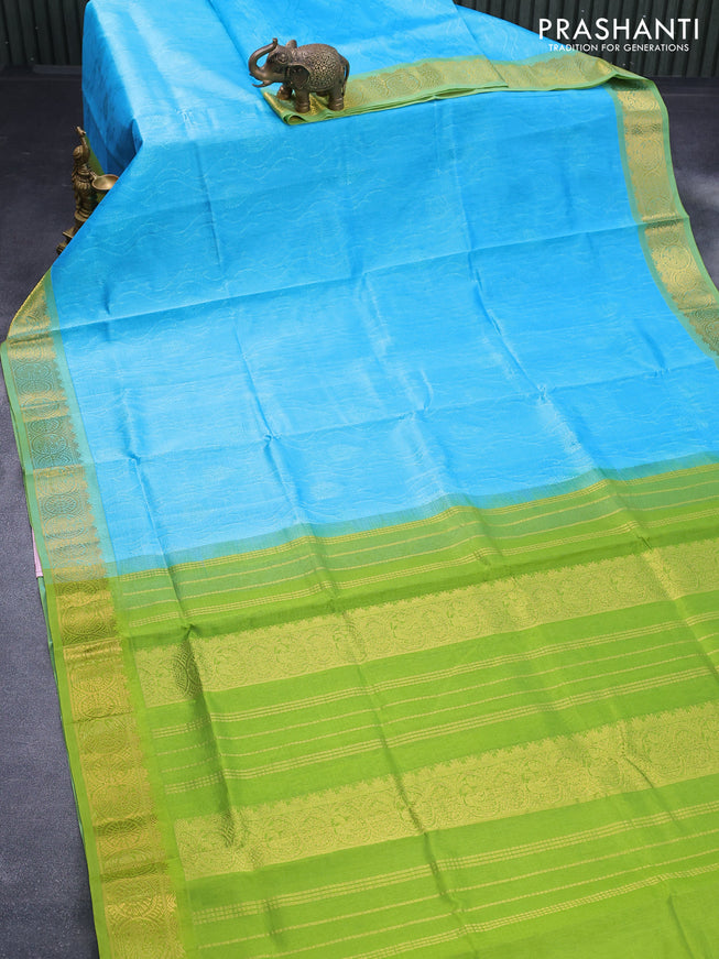 Silk cotton saree light blue and light green with allover self emboss jacquard and zari woven border