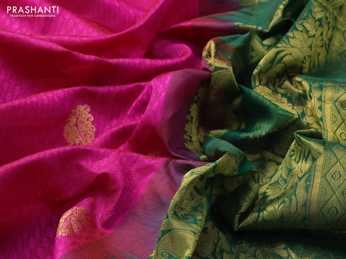 Silk cotton saree magenta pink and green with allover self emboss jacquard & zari buttas and zari woven border