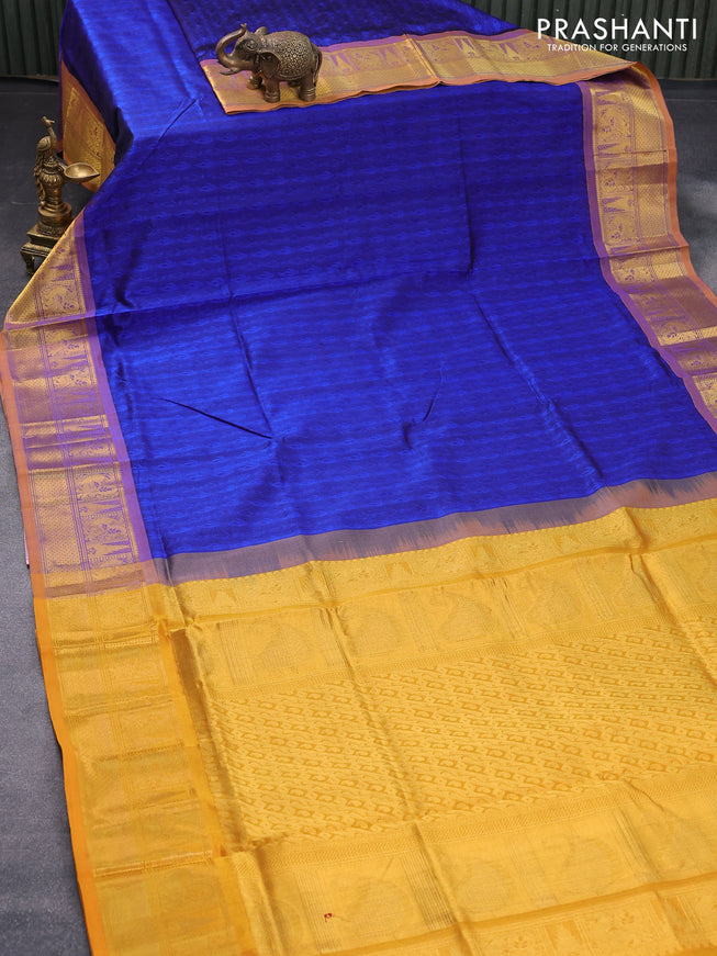 Silk cotton saree blue and mustard yellow with allover self emboss jacquard and annam zari woven border