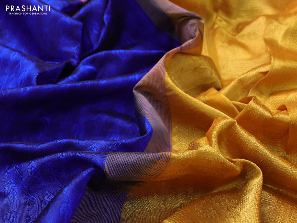 Silk cotton saree blue and mustard yellow with allover self emboss jacquard and annam zari woven border