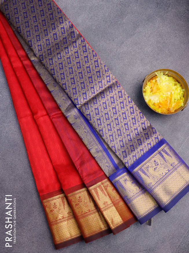 Silk cotton saree red and blue with allover self emboss jacquard and annam zari woven border