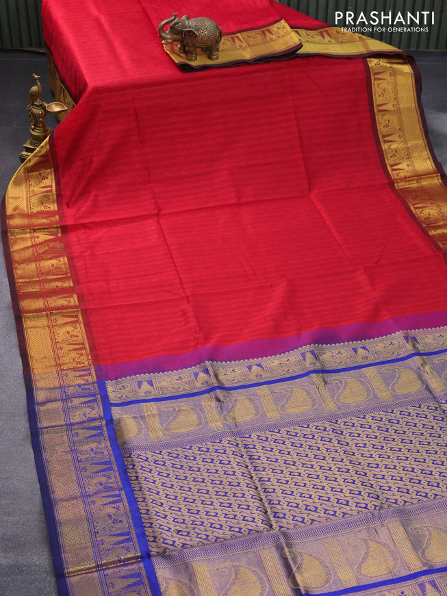 Silk cotton saree red and blue with allover self emboss jacquard and annam zari woven border
