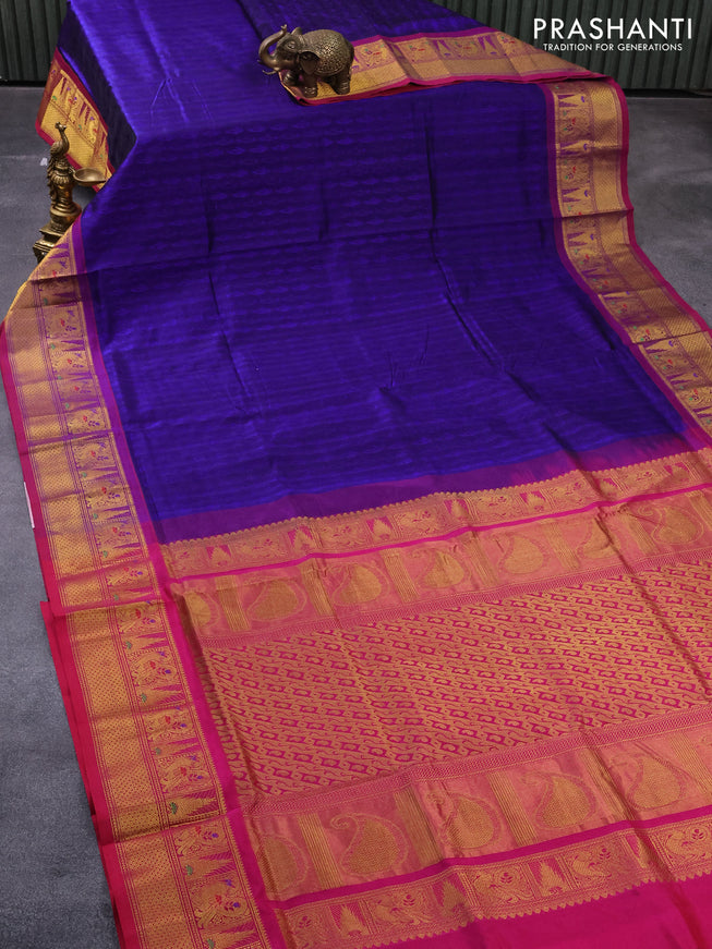 Silk cotton saree blue and pink with allover self emboss jacquard and annam zari woven border