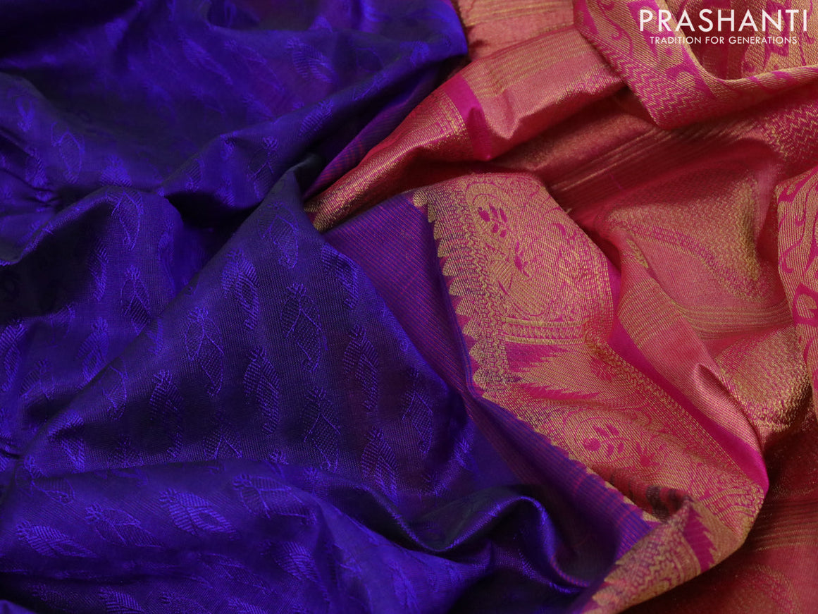 Silk cotton saree blue and pink with allover self emboss jacquard and annam zari woven border