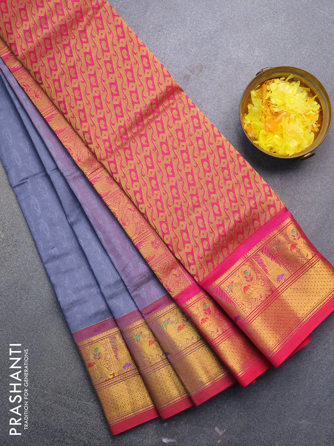 Silk cotton saree grey and pink with allover self emboss jacquard and annam zari woven border
