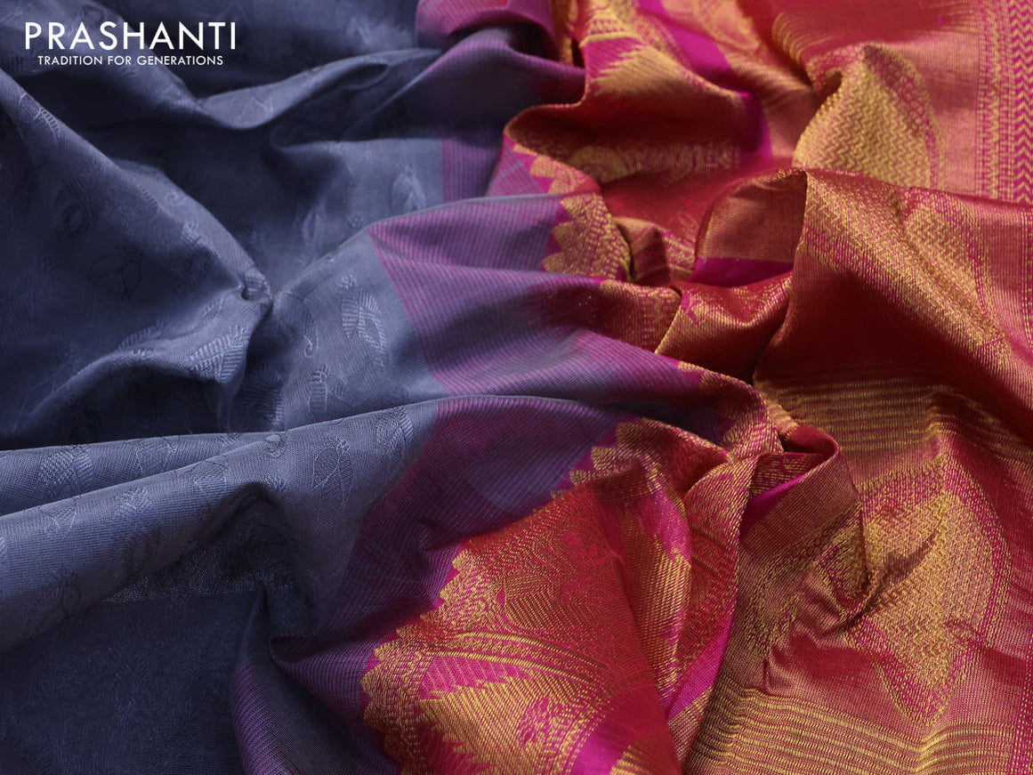 Silk cotton saree grey and pink with allover self emboss jacquard and annam zari woven border